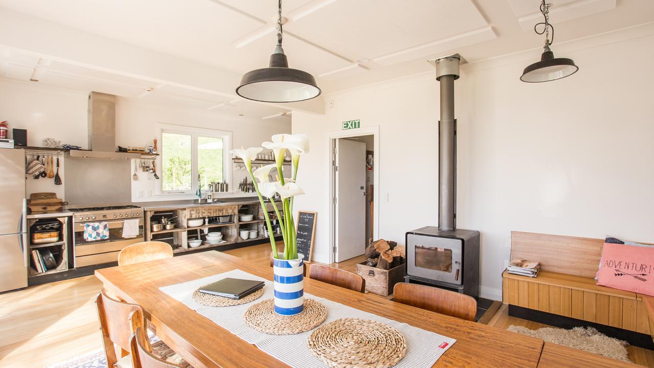 Dining / kitchen area with wood fire