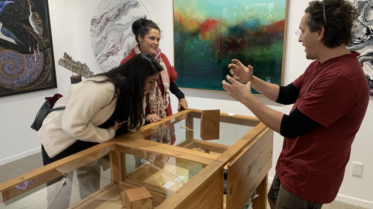 Discussing art with Michael Walters in his studio/gallery.
