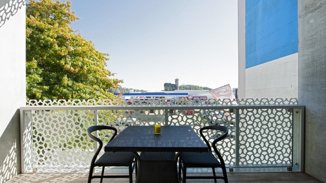 Dining balcony overlooking the city
