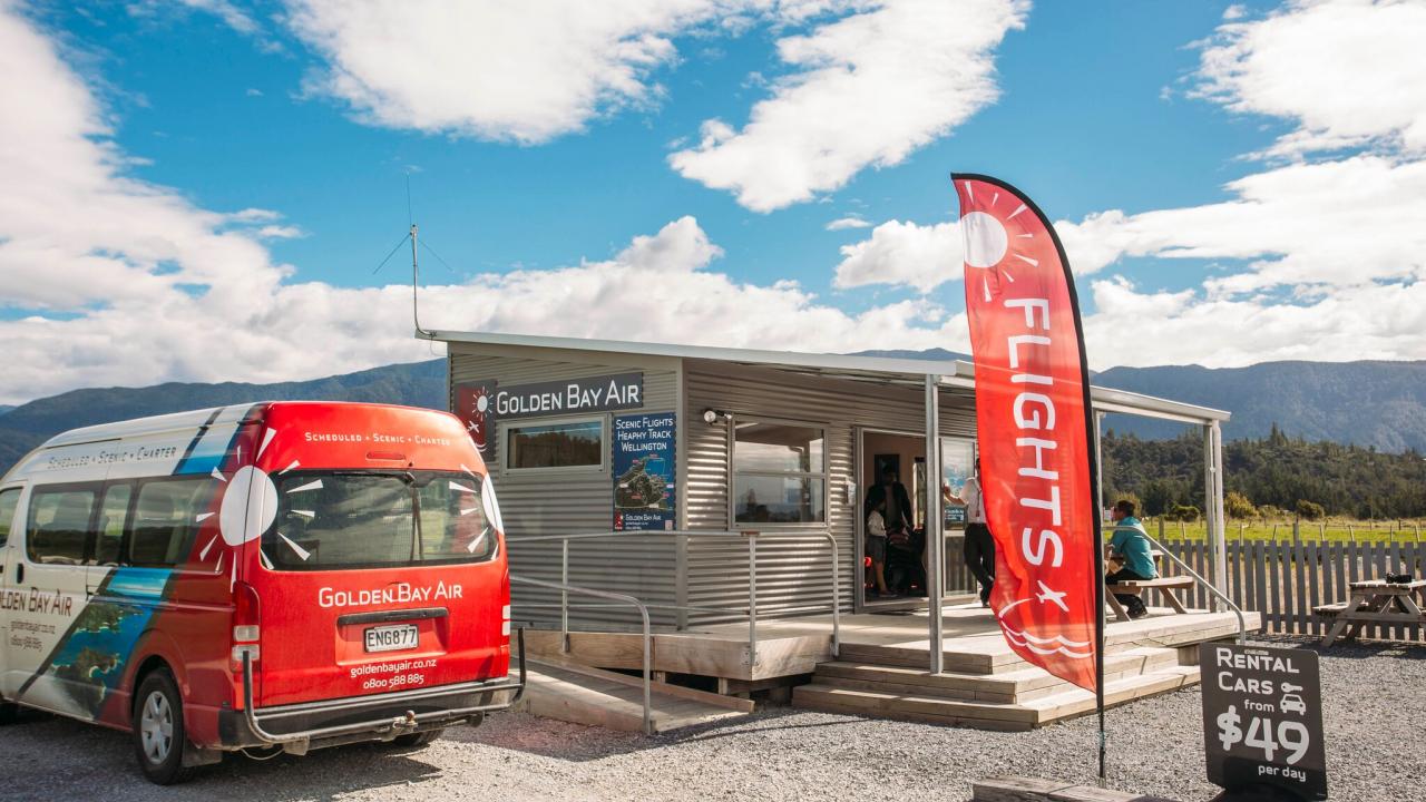 Takaka Airport terminal and Golden Bay Air base.