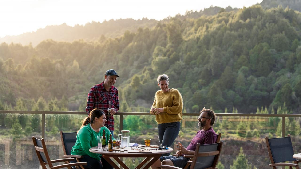 Relaxing on the deck at the Timber Trail Lodge.