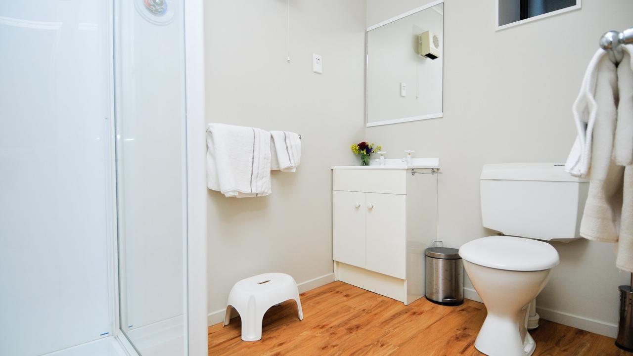 Downstairs Bathroom with Shower, Toilet & Vanity.