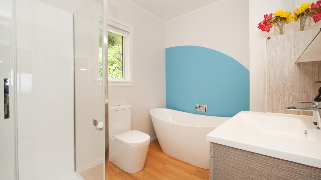 Shower, separate bath, toilet & vanity.

