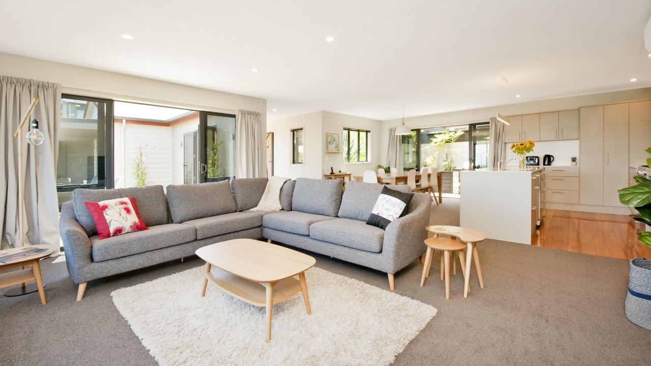 Open-plan living, dining and kitchen.