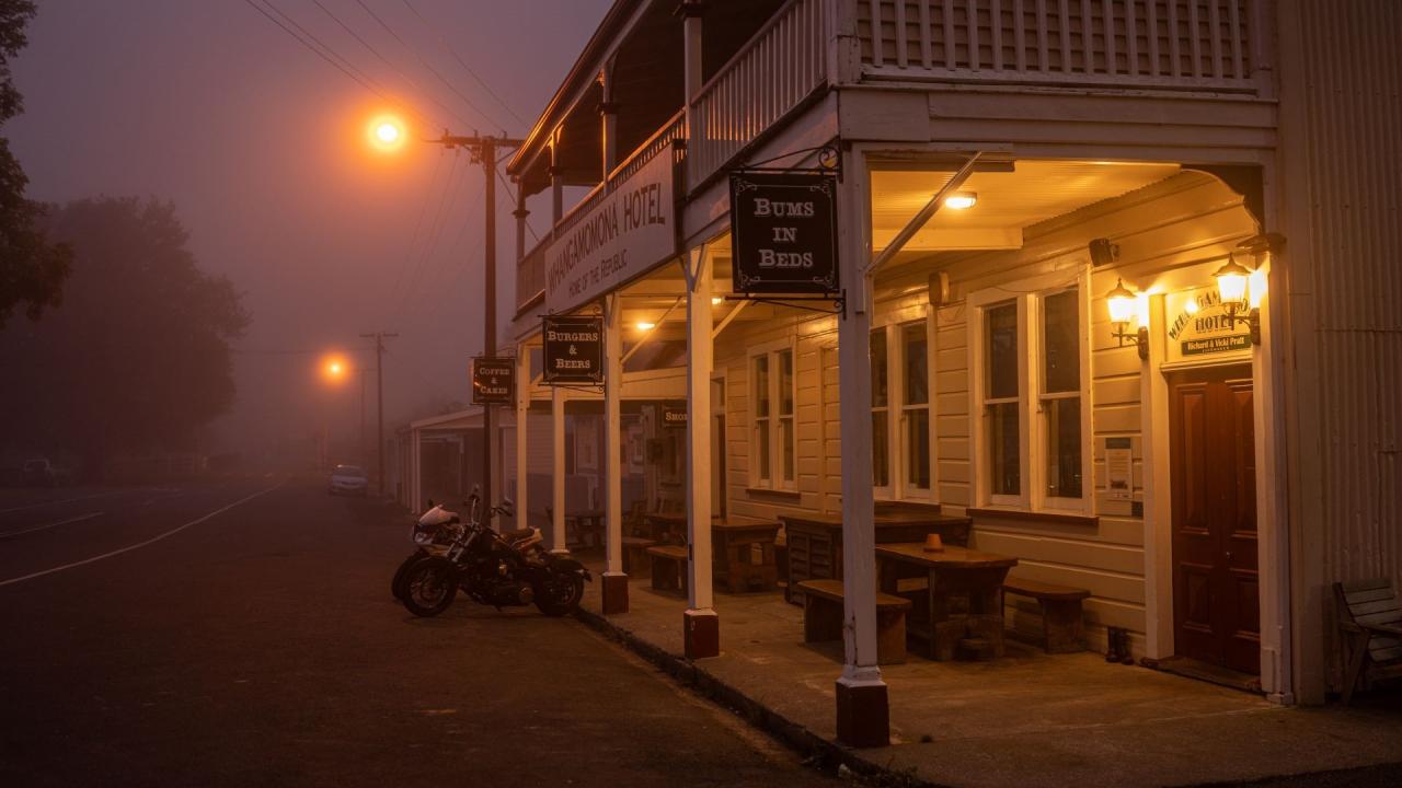 A misty morning in Whangamomona enhances the historic and mythical charm of one of New Zealand's most iconic hotels