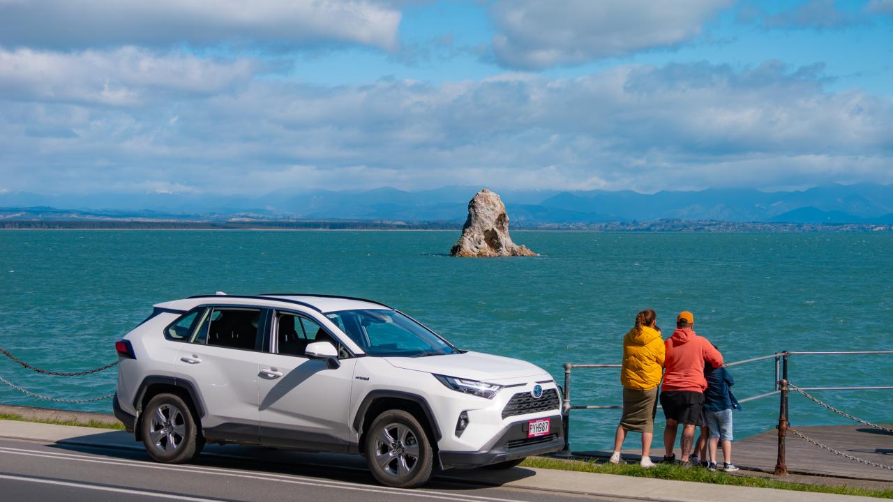 A family overlooking the beach beside a GO Rentals vehicle parked along the side of the road.