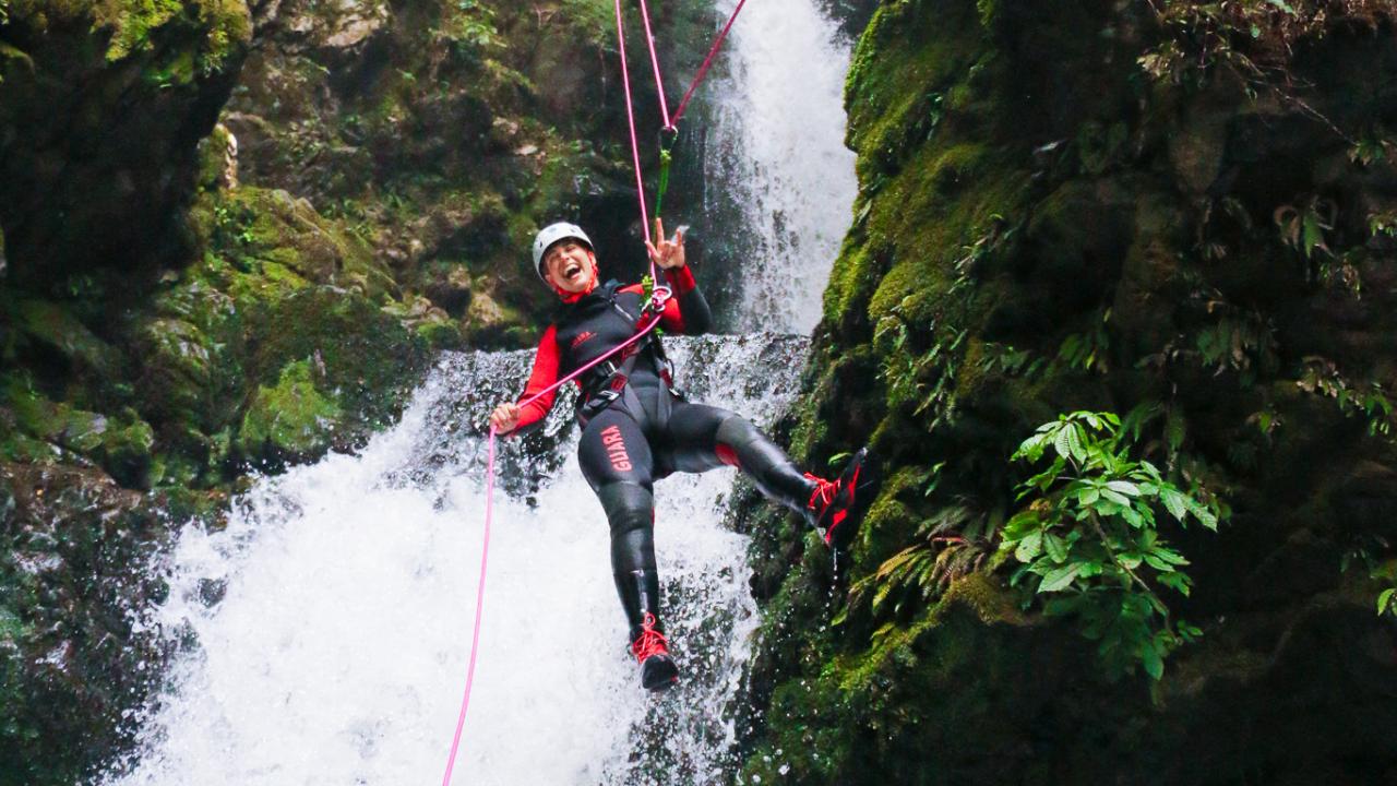 Looking good while abseiling down the big waterfall