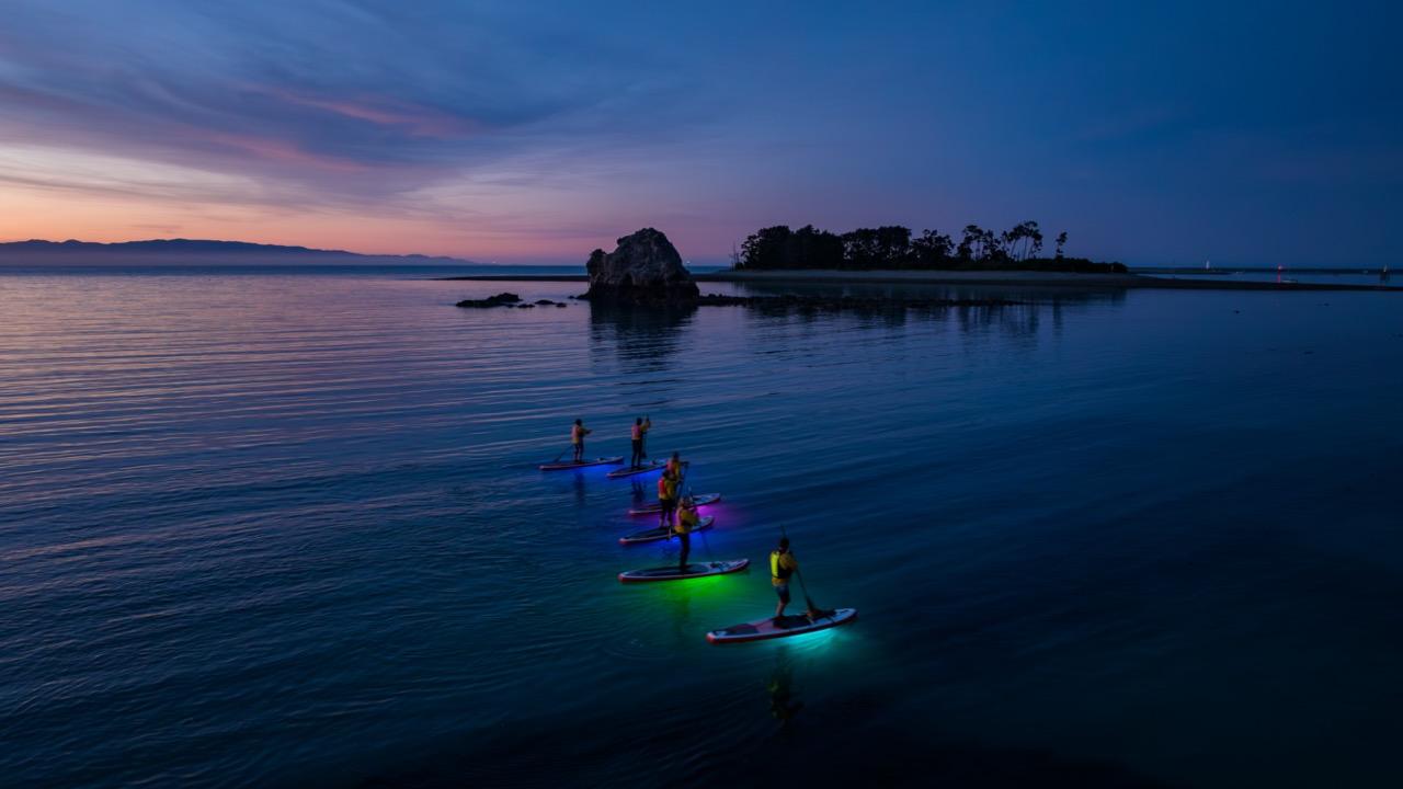 Meander on your paddleboard towards Magazine Point and then on to Urenui (Fifeshire Rock) as it gets darker.