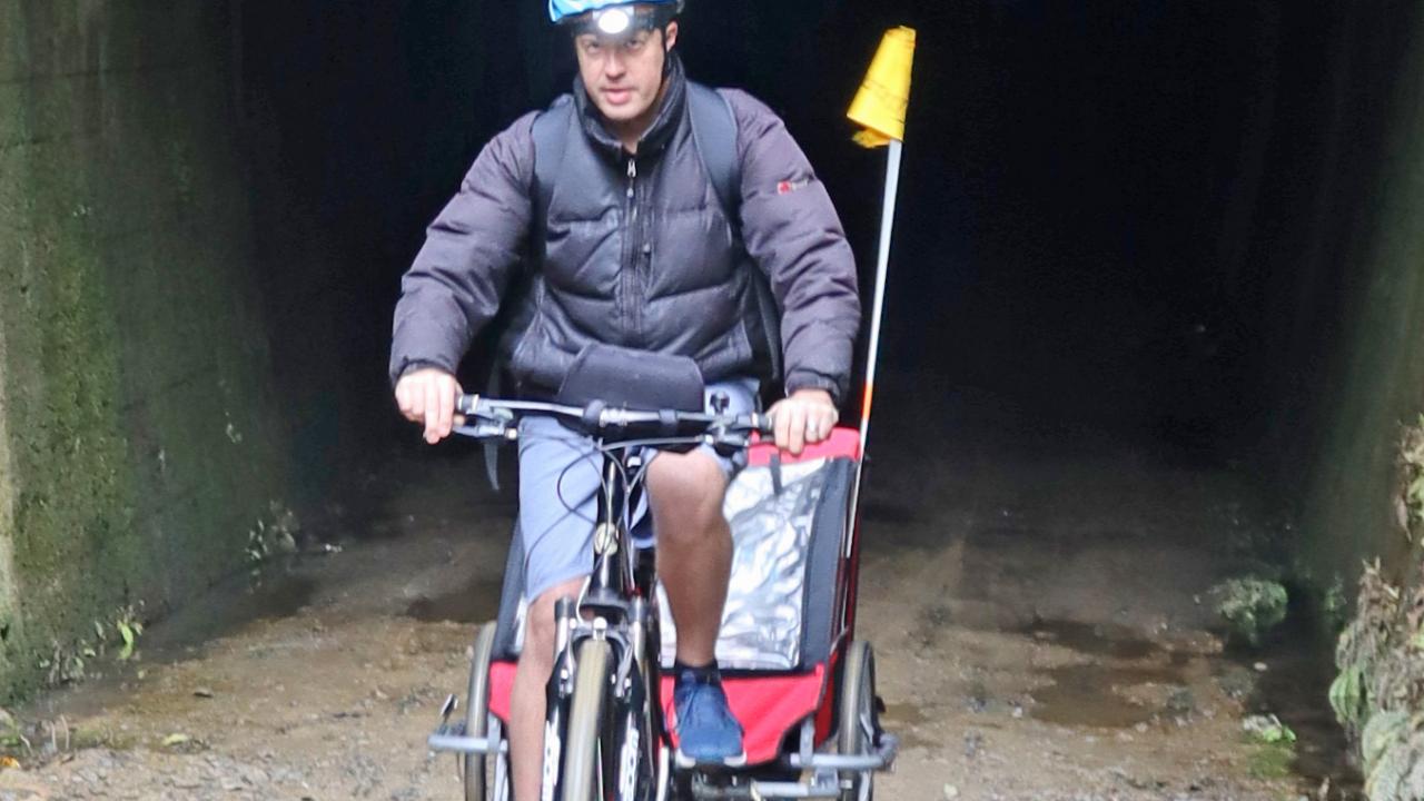 Exiting the tunnel with child trailer in tow - fun for all