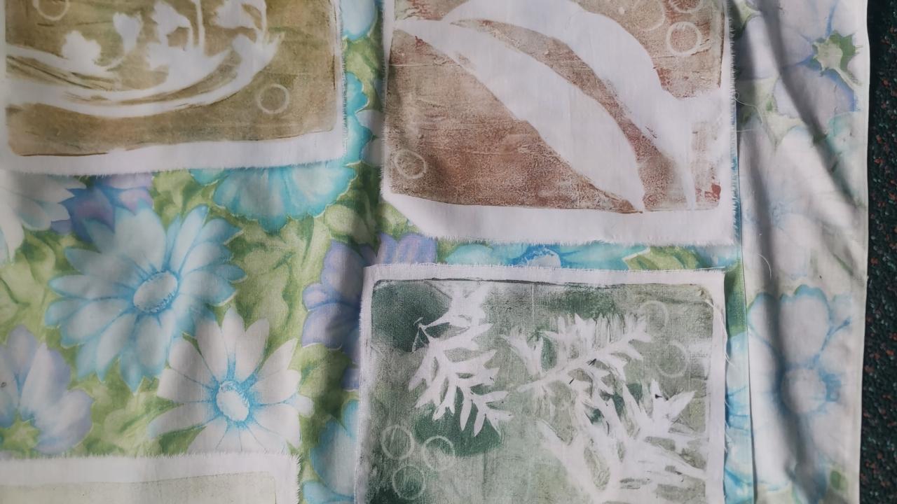 Students' printed designs, made at their Mono-Printing on Fabric Workshop.