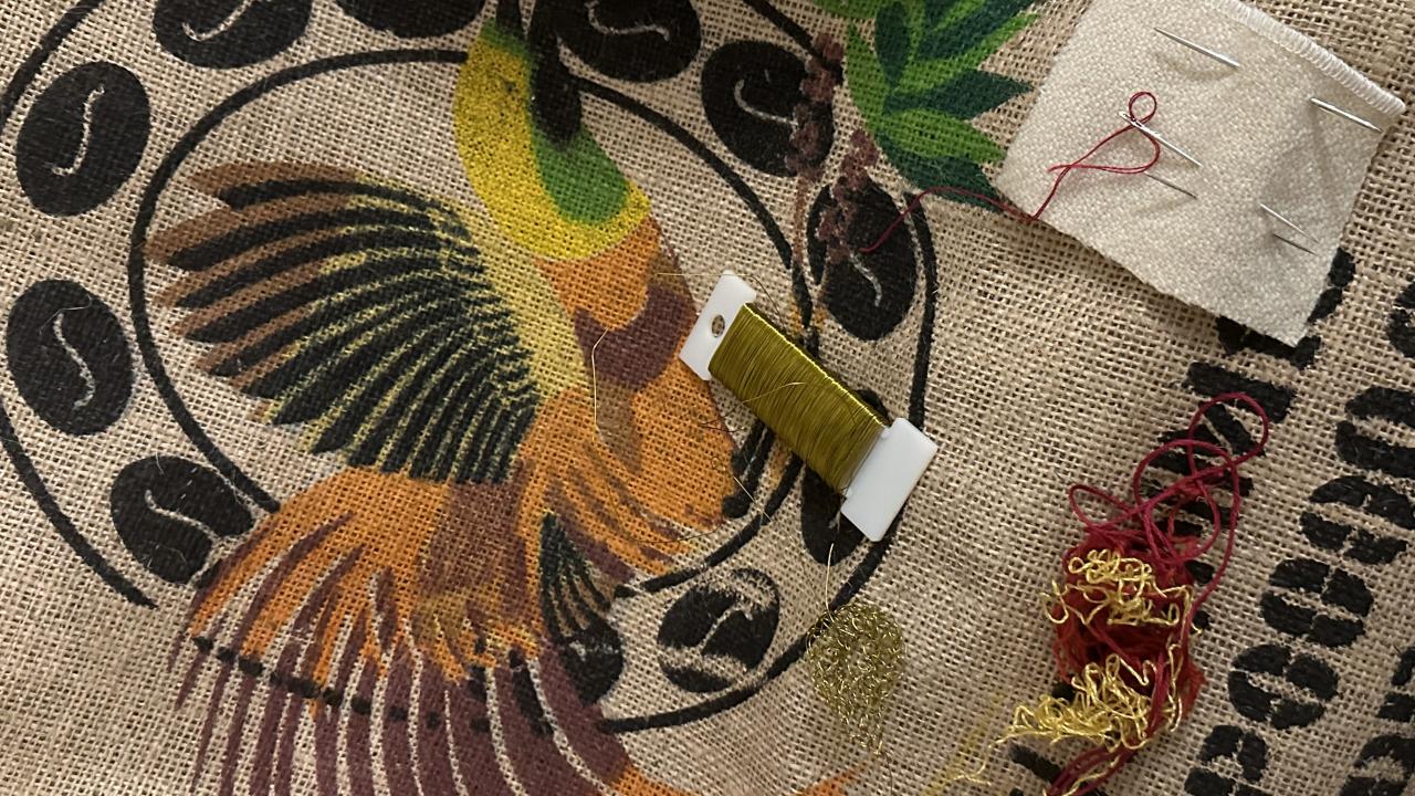 A snippet of student handiwork during their Next Level Coffee Sacks Workshop.