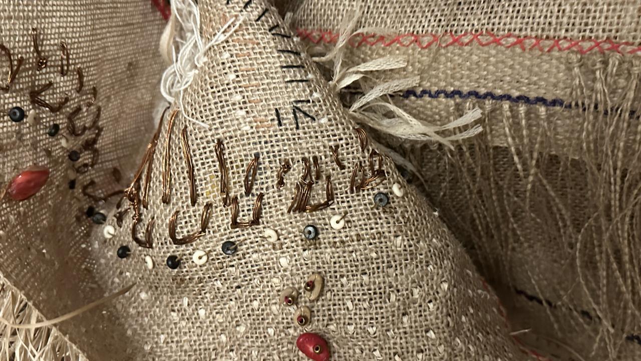 A snippet of student handiwork during their Next Level Coffee Sacks Workshop.
