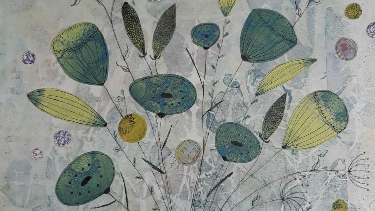 A students artwork made at their Create a Unique Collaged Floral Fantasy Workshop.