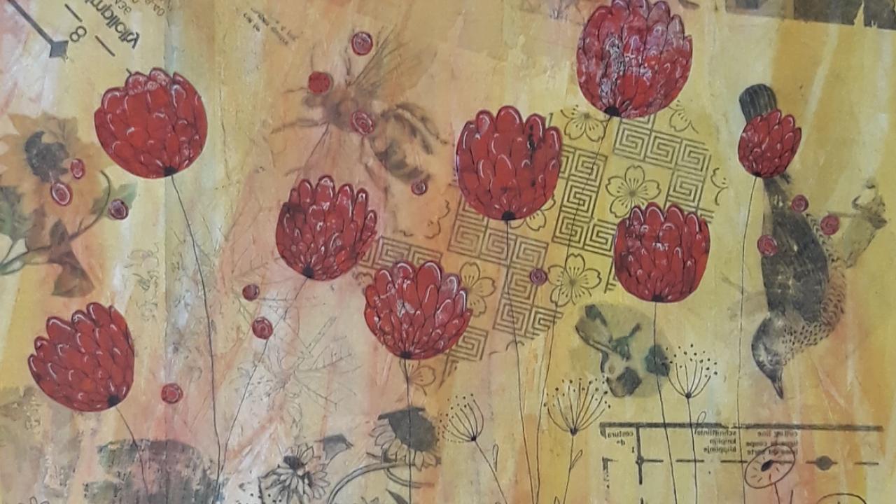 A students artwork made at their Create a Unique Collaged Floral Fantasy Workshop.
