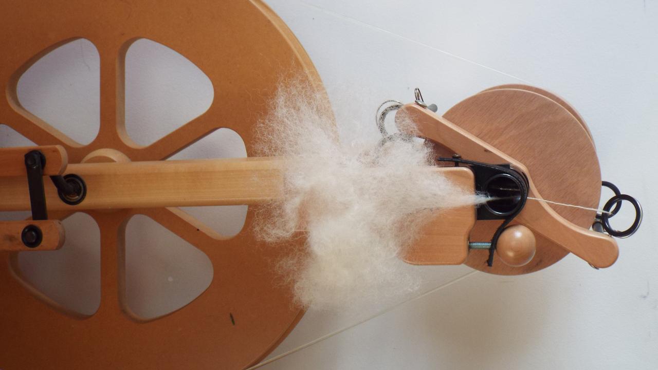 A spinning wheel used by students in our beginner Sheep to Skein: Learn to Spin Workshop.
