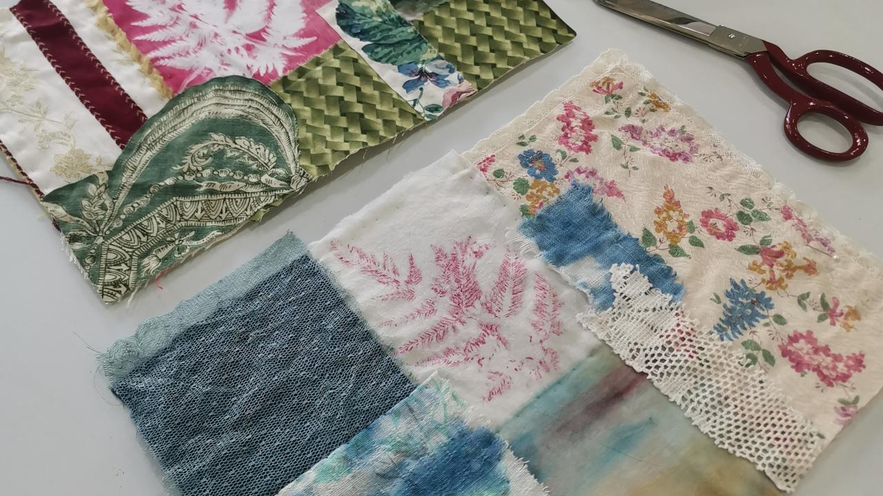 A student's work-in-progress artwork made during their Textile Collage Stitch Workshop.