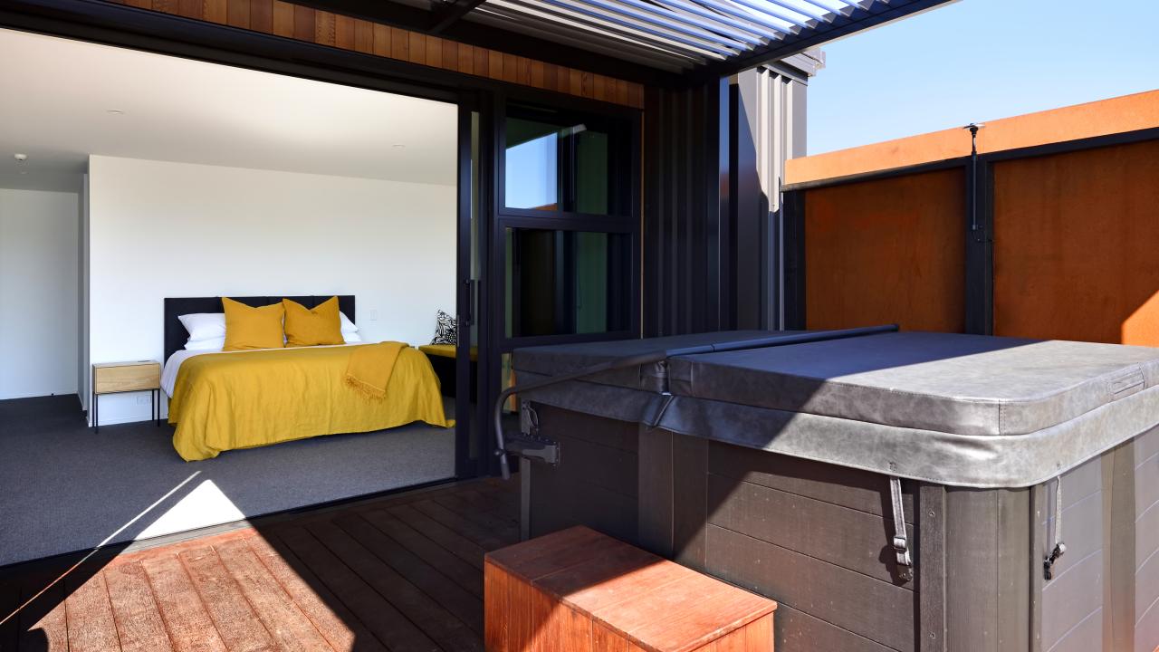 Bedroom with private spa pool just outside
