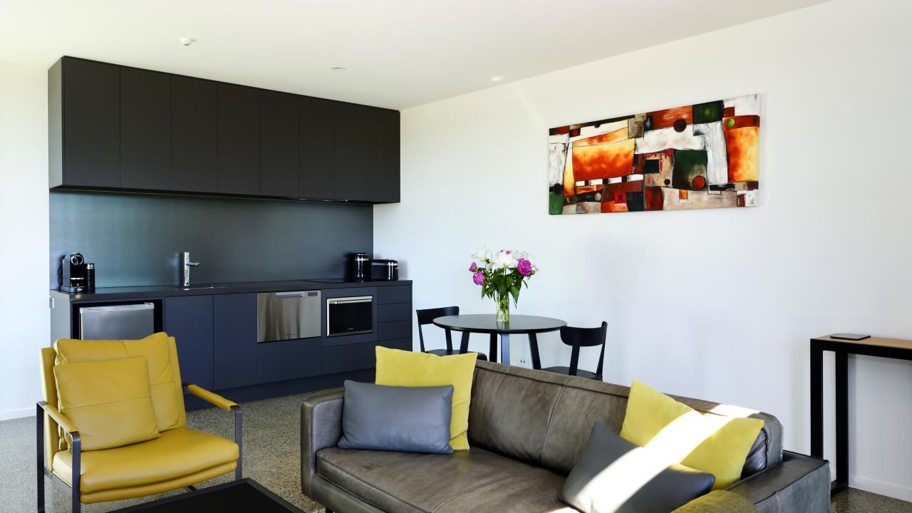Living area and kitchen