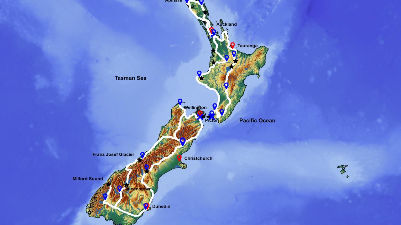 Tour map, North and South Island. From Cape Reinga to Milford Sound.