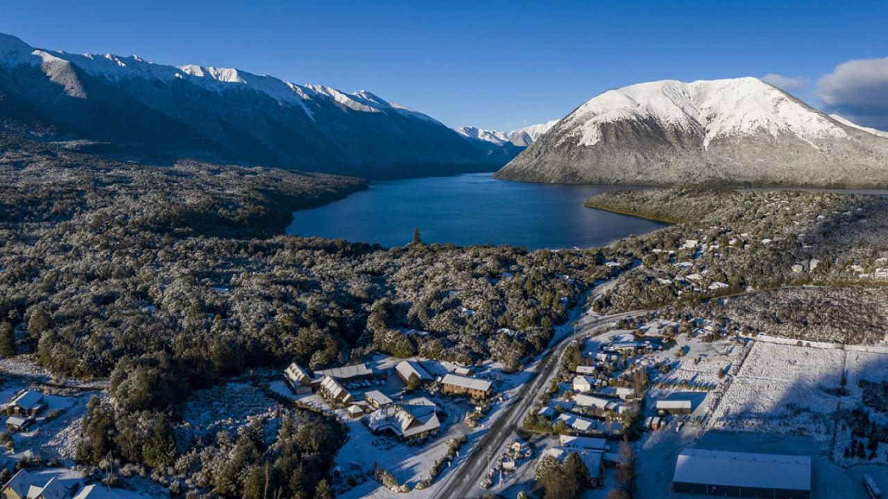 View over  village of St Arnaud & Lake Rotoiti to Mt Robert and the St Arnaud Ranges