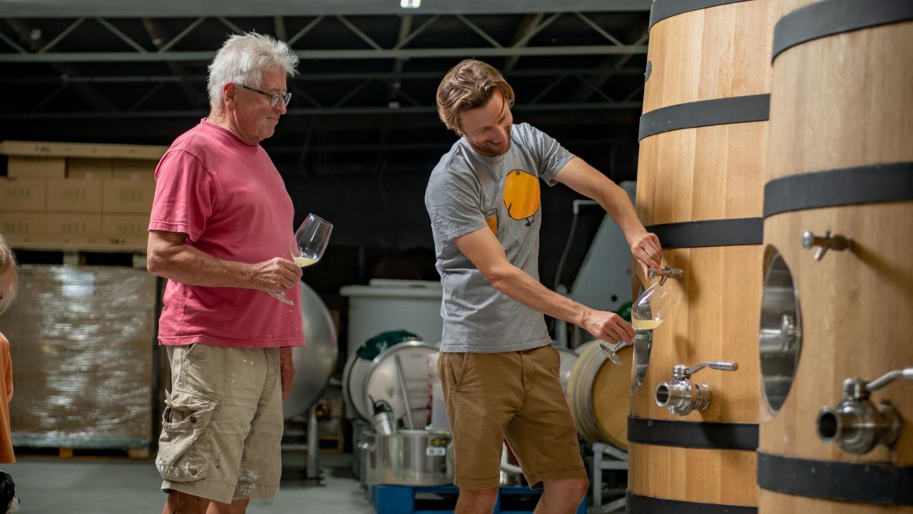 Tasting Chardonnay in the Abel winery with the winemakers
