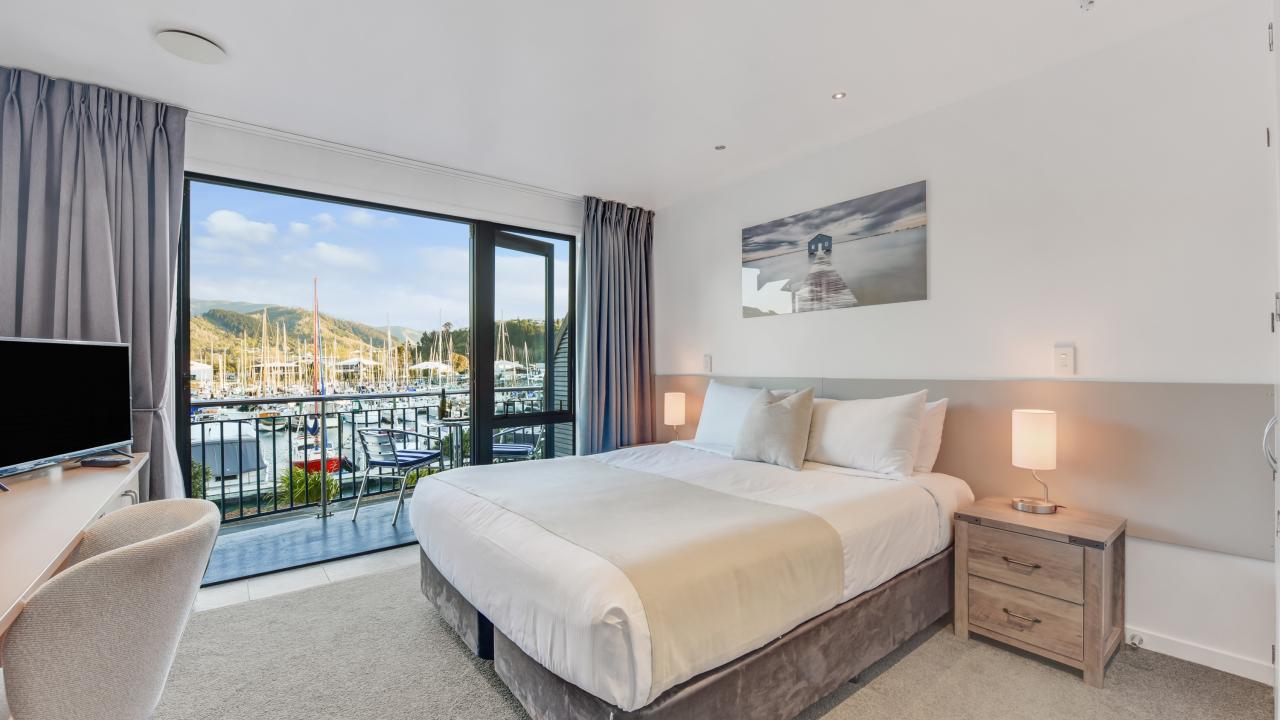 Marina View Studio bedroom and deck