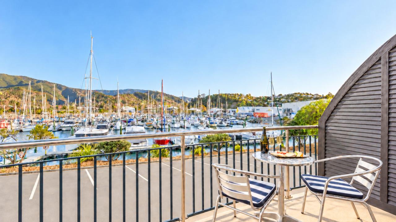 Looking out over the boats from a Marina View Studio