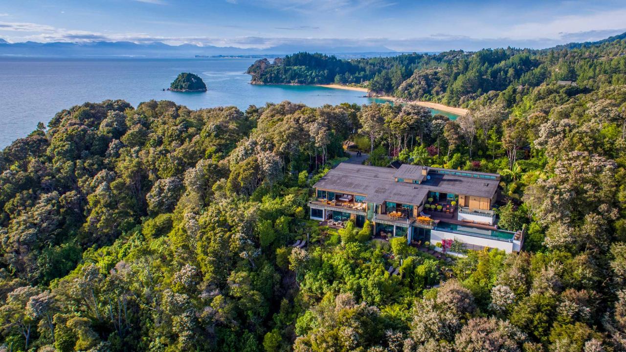 The arial view of Split Apple Retreat and Tasman Bay.