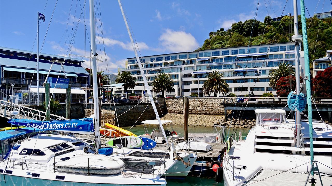 View from wharf to apartment building
