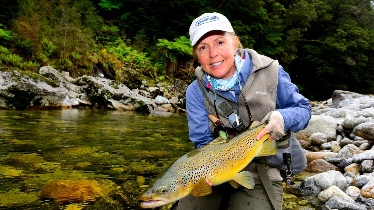 A wild New Zealand brown trout, caught and about to be set free